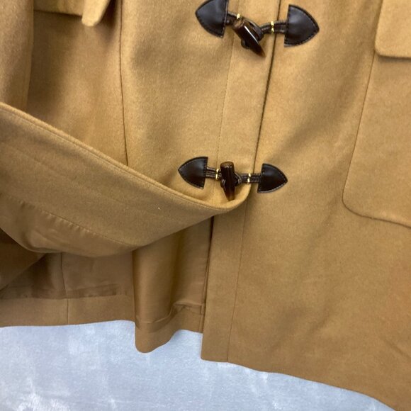 Vintage Harve Benard Wool Toggle Jacket Womens 26W Mid Length Tan Hood Pea Coat - Picture 13 of 16